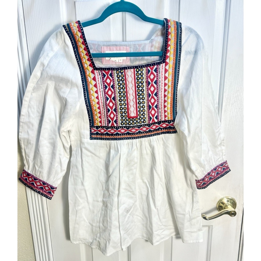 Anthropologie XS Abigail Embroidered Peasant Tunic Blouse Shirt Boho Colorful